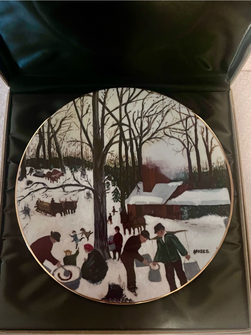 Vintage Winter Scene Decorative Plate by Moses -“Bringing in the Maple Sugar”